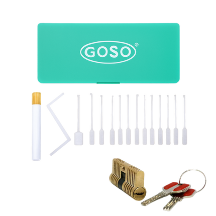 Set di grimaldelli Goso a 17 pezzi per serrature dimple – Incluso lucchetto per esercitazioni trasparente (pro)
